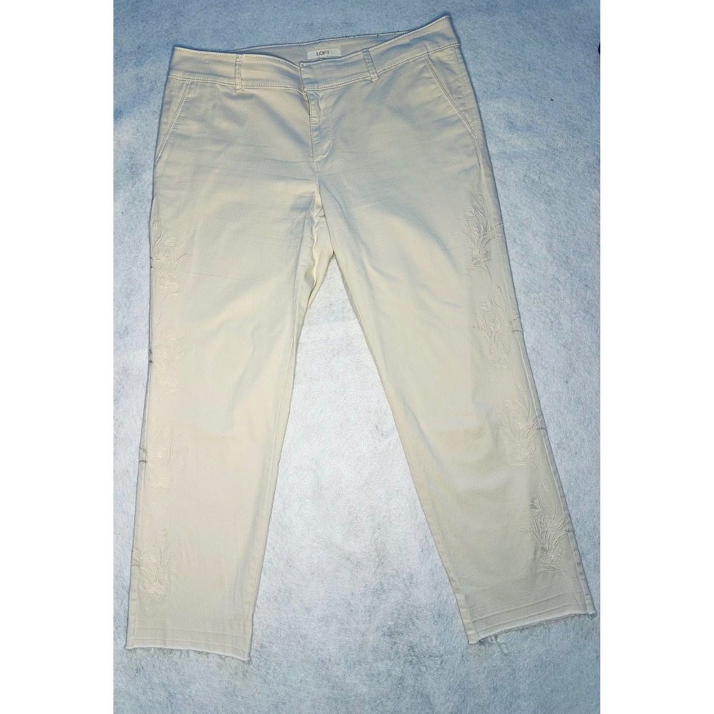 LOFT Embroidered Crop Pants Raw Hem Casual Trousers Beige Women's Size‎ 12